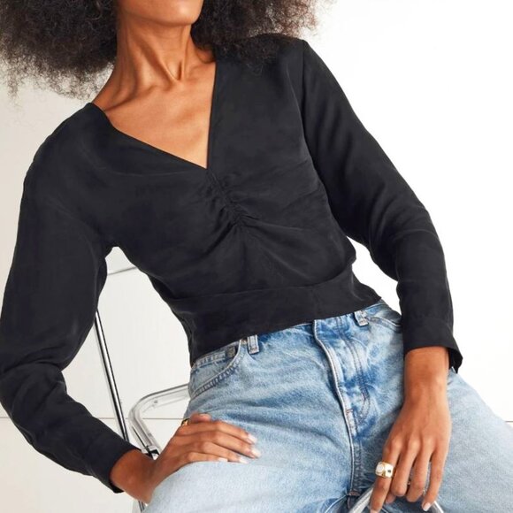 NWT Madewell | Cupro & Viscose Brushed Ruched-Front Top Long Sleeve Blouse | 2 - Picture 4 of 11